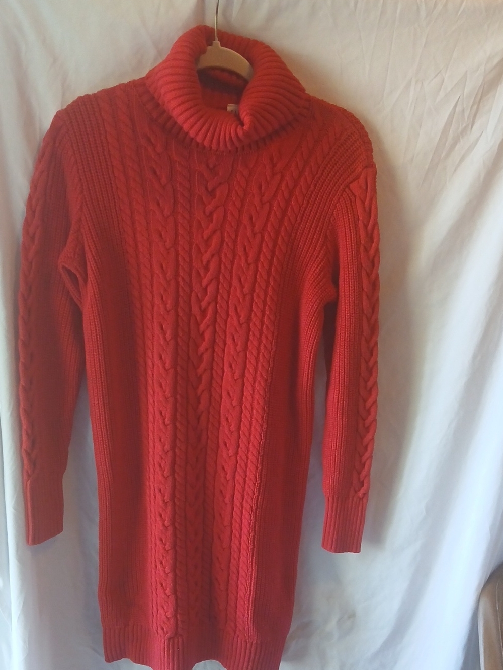 Turtleneck Cable Knit Sweater Dress - Red